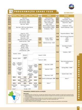 Observações:
1) 	Programação básica da Grade Fuso. As grades das exibidoras podem apresentar variações em função de seus programas locais.
2) 	Algumas exibidoras com programação local podem apresentar variações nos horários dos programas Sítio do Pica Pau Amarelo
e Turma da Mônica.
3) 	O programa TV Globinho pode ter duração menor em alguns mercados, que exibem programação local.
4) 	O programa Estrelas não é exibido em alguns mercados, que exibem programação local.
5) 	Futebol: preços conforme plano comercial.
6) 	As Séries exibidas na faixa da madrugada de segunda-feira, sábado e domingo não apresentam comercialização.
	 00:20	00:15	 22:50	 00:35	00:15
	 		Jornal da Globo - JGLO
	 00:50	00:45	 23:20	 01:05	00:45
			Programa do Jô - JSOA
	 02:20	02:15	 00:50	 02:35	02:20
	 Sessão Brasil		
	 SBRA	
	Séries (6)
		 Corujão - COR1	
	 Segunda	 Terça	 Quarta	Quinta	Sexta	 Sábado	 Domingo
05:00	Telecursos	06:05	 Globo Educação	 04:55	 Santa Missa
06:00	 Globo Rural - GRUR	 06:25	 Globo Ciência - CIES	 05:55	 Comunidade - GLCO
06:30	 Bom Dia Brasil - NBRA	 06:50	 Globo Ecologia - ECOS	 06:25	 Pequenas Empresas - EMPR
07:30	 Bom Dia Praça - BPRA	 07:10	 Globo Universidade	 07:00	 Globo Rural - GRUD
08:30	 Mais Você - MAVO	 07:40	 Ação - ACAO	
	 	 08:00	 Sítio do Picapau Amarelo (2)
	 08:00	 AutoEsporte - AUTO
10:00	 Bem Estar - BEST (com Globo Notícia)	 08:10	 Turma da Mônica - MONI (2)
	 08:30	 Esporte Espetacular - ESPO
10:40	 Encontro - FATI	08:30	 TV Globinho - TVGL (3)
			
		
				
12:00	 Praça TV I - PTV1			11:30	 Temperatura Máxima - TMAX
12:50	 Globo Esporte - GESP				
13:20	 Jornal Hoje - JHOJ			13:30	 Show de Domingo Vespertino
13:50	 Vídeo Show - VIDE	 13:50	 Estrelas - ANGE (4)
		 SHOV
14:40	 Vale a Pena Ver de Novo - VALE	 14:45	 TV Xuxa - XUXS	 15:00	Futebol	
15:55	 Sessão da Tarde - TARA			 	 FGGE (5)
		16:10	 Caldeirão do Huck - HUCK
17:50	 Globo Notícia
17:55	 Malhação - MALH			17:00	 Domingão do Faustão
18:25	 Novela I - N18H				 DFAU
19:15	 Praça TV II - PTV2
19:30	 Jornal Nacional - JNAC			
20:00				19:45	 Fantástico - FANT
20:10	 Novela II - N19H
20:20	 Novela III	 Novela II - N19H
21:05	 	
21:10	 Novela III - N20H
21:20	 		 Novela III - N20H
21:30	 							 22:10	 Show de Domingo Noturno
22:20									 SHOD
22:30						22:20	 Zorra Total - ZORR	
22:40								
23:05				 				 22:55	 Domingo Maior - DOMA	
23:25						23:20	 Supercine - SUCI	
23:30								
23:50
00:10								 00:40	 Sessão de Gala - SGAL
						01:15	 Altas Horas - ALTA	
						03:20	 Desenho da Madrugada - DMAD	 02:25	Séries (6)
		
						
						03:40	Séries (6)
	
Show de
Sexta-feira II
SSUP
Show de
Terça-feira I
SHT1
Tela
Quente
TELA
Show de
Terça-feira II
TNOB
Corujão do
Esporte
CORE
A Grande
Família
FAMI
Show de
Quinta-feiraII
SHO5
Globo
Repórter
REPO
Futebol
FGGE (5)
PROGRAMAÇÃO E HORÁRIOS SUJEITOS A ALTERAÇÕES
Profissão
Repórter
PROF
Show de
Quinta-feiraIII
SHQ3
•	ABRIL 2013 (1)
PROGRAMAÇÃOGRADEFUSO
5
Horário
Fuso
Horário
Fuso
Horário
Fuso
P R O G R A M A Ç Ã O G R A D E F U S O
OUTUBRO 2013 (1)
Festival de Sucessos
FEST
 