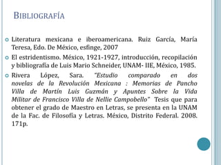 BIBLIOGRAFÍA

   Literatura mexicana e iberoamericana. Ruiz García, María
    Teresa, Edo. De México, esfinge, 2007
   El estridentismo. México, 1921-1927, introducción, recopilación
    y bibliografía de Luis Mario Schneider, UNAM- IIE, México, 1985.
   Rivera    López,     Sara.    “Estudio   comparado     en     dos
    novelas de la Revolución Mexicana : Memorias de Pancho
    Villa de Martín Luis Guzmán y Apuntes Sobre la Vida
    Militar de Francisco Villa de Nellie Campobello” Tesis que para
    obtener el grado de Maestro en Letras, se presenta en la UNAM
    de la Fac. de Filosofía y Letras. México, Distrito Federal. 2008.
    171p.
 