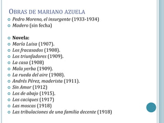 OBRAS DE MARIANO AZUELA
   Pedro Moreno, el insurgente (1933-1934)
   Madero (sin fecha)

   Novela:
   María Luisa (1907).
   Los fracasados (1908).
   Los triunfadores (1909).
   La casa (1908)
   Mala yerba (1909).
   La rueda del aire (1908).
   Andrés Pérez, maderista (1911).
   Sin Amor (1912)
   Los de abajo (1915).
   Los caciques (1917)
   Las moscas (1918)
   Las tribulaciones de una familia decente (1918)
 