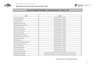 DIREÇÃO REGIONAL DE EDUCAÇÃO DO NORTE

AGRUPAMENTO DE ESCOLAS DE SANTA MARIA DA FEIRA – 151660

Lista de Candidatos Excluídos - Terapeuta da Fala – Horário nº26

NOME

MOTIVO

Alexandra da Silva Martins

Não apresentação de portefólio

Ana Sofia Alcaide Ribeiro

Não apresentação de portefólio

Andreia Duarte Gomes

Não apresentação de portefólio

Ângela Sofia da Cunha Amorim

Não apresentação de portefólio

Carla Manuela das Neves Marques

Não apresentação de portefólio

Carla Sofia Matos da Silva

Não apresentação de portefólio

Isabel Maria dos Santos Moura

Não apresentação de portefólio

Joana Cristina Teixeira Mota

Não apresentação de portefólio

Joana Filipa Antunes Lopes

Não apresentação de portefólio

Margarida Sofia Carvalho Amorim

Não apresentação de portefólio

Maria Elisabete Costa Ferreira da Cunha

Não apresentação de portefólio

Maria Graça Pereira Coelho

Não apresentação de portefólio

Marisa Vieira Alves

Não apresentação de portefólio

Mónica Joana Pereira da Silva Rodrigues

Não apresentação de portefólio

Patrícia Sofia de Matos Carreto

Não apresentação de portefólio

Pedro Nuno Brás da Silva

Não apresentação de portefólio

Sílvia Raquel Pinadas Batista

Não apresentação de portefólio

Susana Isabel Vaz Pereira

Não apresentação de portefólio

Sylvie Alexandra Sabim Capelas

Não apresentação de portefólio

Andreia de Almeida Santos

Apresentação do portefólio fora do prazo estipulado (enviado no dia 16-10, às 00:06 )

André Miguel Castro Rodrigues

Apresentação do portefólio fora do prazo estipulado (enviado no dia 16-10,às 17:07)

Santa Maria da Feira, 1 de Novembro de 2013

4

 