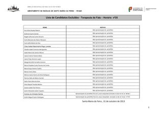DIREÇÃO REGIONAL DE EDUCAÇÃO DO NORTE

AGRUPAMENTO DE ESCOLAS DE SANTA MARIA DA FEIRA – 151660

Lista de Candidatos Excluídos - Terapeuta da Fala – Horário nº25

NOME

MOTIVO

Ana Sofia Alcaide Ribeiro

Não apresentação de portefólio

Andreia Duarte Gomes

Não apresentação de portefólio

Ângela Sofia da Cunha Amorim

Não apresentação de portefólio

Carla Manuela das Neves Marques

Não apresentação de portefólio

Carla Sofia Matos da Silva

Não apresentação de portefólio

Clara Isabel Nascimento Rego Lamela

Não apresentação de portefólio

Cláudia Isabel Francisco Barriguinha

Não apresentação de portefólio

Isabel Maria dos Santos Moura

Não apresentação de portefólio

Joana Cristina Teixeira Mota

Não apresentação de portefólio

Joana Filipa Antunes Lopes

Não apresentação de portefólio

Margarida Sofia Carvalho Amorim

Não apresentação de portefólio

Maria Elisabete Costa Ferreira da Cunha

Não apresentação de portefólio

Maria Graça Pereira Coelho

Não apresentação de portefólio

Marisa Vieira Alves

Não apresentação de portefólio

Mónica Joana Pereira da Silva Rodrigues

Não apresentação de portefólio

Patrícia Sofia de Matos Carreto

Não apresentação de portefólio

Pedro Nuno Brás da Silva

Não apresentação de portefólio

Sílvia Raquel Pinadas Batista

Não apresentação de portefólio

Susana Isabel Vaz Pereira

Não apresentação de portefólio

Sylvie Alexandra Sabim Capelas

Não apresentação de portefólio

Andreia de Almeida Santos

Apresentação do portefólio fora do prazo estipulado (enviado no dia 16-10, às 00:06 )

André Miguel Castro Rodrigues

Apresentação do portefólio fora do prazo estipulado (enviado no dia 16-10,às 17:07)

Santa Maria da Feira , 31 de outubro de 2013
5

 