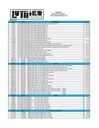 CONTACTO
Whatsapp: 15-4156-9397
Email: luthiertools@yahoo.com
MAYO 2021
CODIGO MARCA HERRAMIENTAS PVP
LT1001 LUTHIER TOOLS Sierra de ranurar c/tope (Hoja Inglesa diente corrido 0,5) 3,822.07
$
LT1725 LUTHIER TOOLS Taco para radiar dipasones Radio 7,25 1,355.10
$
LT1950 LUTHIER TOOLS Taco para radiar dipasones Radio 9,5 1,355.10
$
LT1010 LUTHIER TOOLS Taco para radiar dipasones Radio 10 1,355.10
$
LT1012 LUTHIER TOOLS Taco para radiar dipasones Radio 12 1,355.10
$
LT1014 LUTHIER TOOLS Taco para radiar dipasones Radio 14 1,355.10
$
LT1016 LUTHIER TOOLS Taco para radiar dipasones Radio 16 1,355.10
$
LT1017 LUTHIER TOOLS Taco para radiar dipasones Radio 17 1,355.10
$
LT1018 LUTHIER TOOLS Taco para radiar dipasones Radio 18 1,355.10
$
LT1018W LUTHIER TOOLS Taco para radiar dipasones Radio 18 WIDE
LT1020 LUTHIER TOOLS Taco para radiar dipasones Radio 20 1,355.10
$
LT1020W LUTHIER TOOLS Taco para radiar dipasones Radio 20 WIDE
LT2000 LUTHIER TOOLS Laminas alto impacto protectoras de diapason p/coronar Set x 3 405.37
$
LT2220 LUTHIER TOOLS Bandeja de soporte para para mangos guitarra electrica, bajo con asiento de corcho 1,644.65
$
LT2222 LUTHIER TOOLS Bandeja de soporte de mango para clasicas y acusticas con asiento de corcho 1,992.11
$
LT2235 LUTHIER TOOLS Taco de biselar trastes a 35° 2,409.06
$
LT2224 LUTHIER TOOLS Prensas para tapa y fondo. Set x 6 unidades 4,700.48
$
LT2208 LUTHIER TOOLS Taco para rectificar trastes Lima 8" 2,538.78
$
LT2212 LUTHIER TOOLS Taco para rectificar trastes Goliath Lima 12" 4,690.72
$
LT2212E LUTHIER TOOLS Taco para rectificar trastes Goliath Lima 12" Eco 3,712.29
$
LT2236 LUTHIER TOOLS Coronador metalico para trastes 875.00
$
SIN1010 SINTOMS Pinza Espigadora TANG NIPPERS 21,144.15
$
SIN1020 SINTOMS Doblador de trastes FRET BENDER
SIN1020 SINTOMS Doblador de trastes FRET BENDER 22,457.55
$
SIN1018 SINTOMS Disco Sierra para Ranuradora 0.52 mm 8,495.42
$
CODIGO MARCA TRASTES
SIN1800 SINTOMS Nickel Silver 18% 1.8 mm (6290) x Set (6 tiras x 26cm) Ukelele, banjo, mandolina etc. 1,690.98
$
SIN6230 SINTOMS Nickel Silver 18% 2,0 mm (6230) x Set (6 tiras x 26cm) Guitarra Clasica etc. 1,690.98
$
SIN6190 SINTOMS Nickel Silver 18% 2,2 mm (6190) Medium Clasica, Acustica, electrica x Tira 1,60 mts 1,690.98
$
SIN6190K SINTOMS Nickel Silver 18% 2,2 mm (6190) Medium Clasica, Acustica, electrica x Kg. 16,916.52
$
SIN6105 SINTOMS Nickel Silver 18% 2,3 mm (6105) x Tira 1,60 mts. 1,690.98
$
SIN6105K SINTOMS Nickel Silver 18% 2,3 mm (6105) x Kg. 16,916.52
$
SIN6100 SINTOMS Nickel Silver 18% 2,8 mm (6100) x Tira 1,60 mts 1,690.98
$
SIN6100K SINTOMS Nickel Silver 18% 2,8 mm (6100) x Kg. 16,916.52
$
SIN6110 SINTOMS Nickel Silver 18% 2,9 mm (6110) x Tira 1,60 mts 1,690.98
$
SIN6110K SINTOMS Nickel Silver 18% 2,9 mm (6110) x Kg. 16,916.52
$
SIN6000 SINTOMS Nickel Silver 18% 3.0 mm (6000) xTira 1,60 mts 1,690.98
$
SIN6000K SINTOMS Nickel Silver 18% 3.0 mm (6000) x Kg. 16,916.52
$
SIN2025 SINTOMS Special Bronze 2.5 mm x Set (6 tiras x 26cm) 5,855.66
$
SIN2028 SINTOMS Special Bronze 2.8 mm x Set (6 tiras x 26cm) 8,233.08
$
SIN6105SS SINTOMS Stainless Steel (acero inoxidable) 2.3 mm x Set (6 tiras x26cm) (6105) 3,471.94
$
SIN6000SS SINTOMS Stainless Steel (acero inoxidable) 2.9 mm x Set (6 tiras x26cm) (6000) 4,191.03
$
SIN6105TI SINTOMS Titanium wide 2.3 mm x Set (6 tiras x26cm) (6105) 4,377.56
$
SIN6100TI SINTOMS Titanium wide 2.8 mm x Set (6 tiras x26cm) (6100) 5,343.67
$
CODIGO MARCA Cenefas
CENBL2 LUTHIER TOOLS Blanco 22 x 2 mm rollo x 1,80 mts 564.86
$
CENNE2 LUTHIER TOOLS Negro 22 x 2 mm rollo x 1,80 mts 564.86
$
CENAL2 LUTHIER TOOLS Almendra 22 x 2 mm rollo x 1,80 mts 564.86
$
CENBE2 LUTHIER TOOLS Beige 22 x 2 mm rollo x 1,80 mts 564.86
$
CENBL45 LUTHIER TOOLS Blanco 19 x 0.45 mm rollo x 1,80 mts 206.44
$
CENNE45 LUTHIER TOOLS Negro 19 x 0.45 mm rollo x 1,80 mts 206.44
$
CENAL45 LUTHIER TOOLS Almendra 19 x 0.45 mm rollo x 1,80 mts 206.44
$
CENBE45 LUTHIER TOOLS Beige 19 x 0.45 mm rollo x 1,80 mts 206.44
$
CODIGO MARCA Abrasivos y Adhesivos
37083050639 TITEBOND Pegamento Titebond Original 8oz. // 237ml 863.00
$
37083050646 TITEBOND Pegamento Titebond Original 16oz. // 473ml. 1,492.00
$
37083050653 TITEBOND Pegamento Titebond Original 32oz. // 946ml 2,615.00
$
37083050660 TITEBOND Pegamento Titebond Original 1Galon // 3785m 7,968.00
$
 