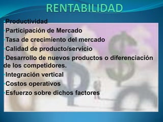 •Productividad
•Participación de Mercado
•Tasa de crecimiento del mercado
•Calidad de producto/servicio
•Desarrollo de nuevos productos o diferenciación
de los competidores.
•Integración vertical
•Costos operativos
•Esfuerzo sobre dichos factores
 