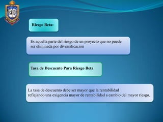 Riesgo Beta:



 Es aquella parte del riesgo de un proyecto que no puede
 ser eliminada por diversificación




 Tasa de Descuento Para Riesgo Beta




La tasa de descuento debe ser mayor que la rentabilidad
reflejando una exigencia mayor de rentabilidad a cambio del mayor riesgo.
 