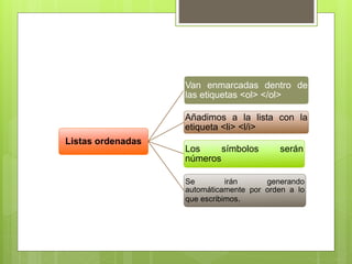 Listas ordenadas
Van enmarcadas dentro de
las etiquetas <ol> </ol>
Añadimos a la lista con la
etiqueta <li> <l/i>
Los símbolos serán
números
Se irán generando
automáticamente por orden a lo
que escribimos.
 