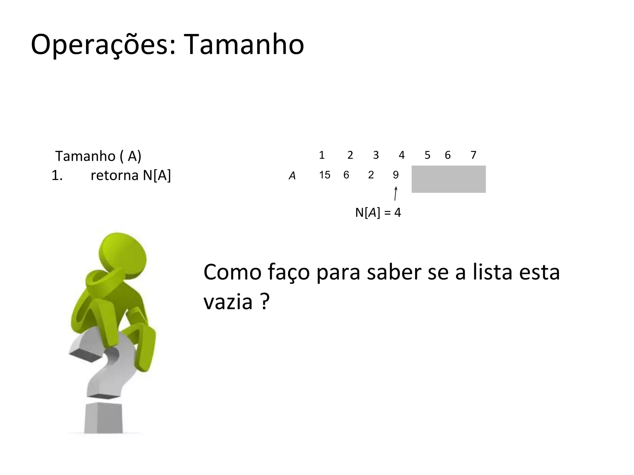 Operações: Tamanho

Tamanho ( A)
1.
retorna N[A]

1
A

15

2
6

3
2

4

5

6

7

9

N[A] = 4

Como faço para saber se a lista esta
vazia ?

 