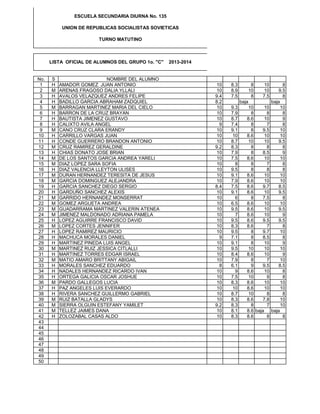 No. S NOMBRE DEL ALUMNO
1 H AMADOR GOMEZ JUAN ANTONIO 10 8.3 8 10 8
2 M ARENAS FRAGOSO DALIA YLLALI 10 8.9 10 10 9.5
3 H AVALOS VELAZQUEZ ANDRES FELIPE 9.4 7.5 8 7.5 8
4 H BADILLO GARCIA ABRAHAM ZADQUIEL 8.2 baja baja
5 M BARRAGAN MARTINEZ MARIA DEL CIELO 10 9.3 10 10 10
6 H BARRON DE LA CRUZ BRAYAN 10 7.9 8 8 8
7 H BAUTISTA JIMENEZ GUSTAVO 10 8.7 8.6 10 9
8 H CALIXTO AVILA ANGEL 9 7.4 8 7 8
9 M CANO CRUZ CLARA ERANDY 10 9.1 8 9.5 10
10 H CARRILLO VARGAS JUAN 10 10 8.6 10 10
11 H CONDE GUERRERO BRANDON ANTONIO 10 8.7 10 10 9.5
12 M CRUZ RAMIREZ GERALDINE 9.2 8.3 8 8 8
13 H CHIAS DONATO JOSE BRIAN 10 7.9 8 8.5 9
14 M DE LOS SANTOS GARCIA ANDREA YARELI 10 7.5 8.6 10 10
15 M DIAZ LOPEZ SARA SOFIA 10 8 8 7 8
16 H DIAZ VALENCIA LLEYTON ULISES 10 9.5 8 8 8
17 M DURAN HERNANDEZ TERESITA DE JESUS 10 9.1 8.6 10 10
18 M GARCIA DOMINGUEZ ALEJANDRA 10 7.9 8.6 10 10
19 H GARCIA SANCHEZ DIEGO SERGIO 8.4 7.5 8.6 9.7 8.5
20 H GARDUÑO SANCHEZ ALEXIS 10 9.1 8.6 10 9.5
21 M GARRIDO HERNANDEZ MONSERRAT 10 6 8 7.5 8
22 M GOMEZ ARGUETA ANDREA 10 6.5 8.6 10 10
23 M GUADARRAMA MARTINEZ VALERIN ATENEA 10 9.5 8.6 10 9.5
24 M JIMENEZ MALDONADO ADRIANA PAMELA 10 7 8.6 10 9
25 H LOPEZ AGUIRRE FRANCISCO DAVID 10 9.5 8.6 9.5 9.5
26 M LOPEZ CORTES JENNIFER 10 8.3 8.6 7 8
27 H LOPEZ RAMIREZ MAURICIO 10 9.5 8 9.7 10
28 H MACHUCA MORALES DANIEL 9 7.1 8 8.5 8
29 H MARTINEZ PINEDA LUIS ANGEL 10 9.1 8 10 9
30 M MARTINEZ RUIZ JESSICA CITLALLI 10 9.5 10 10 10
31 H MARTINEZ TORRES EDGAR ISRAEL 10 8.4 8.6 10 9
32 M MATIO AMARO BRITTANY ABIGAIL 10 7.9 8 7 10
33 H MORALES SANCHEZ EDUARDO 8 6.1 9 9.5 8.5
34 H NADALES HERNANDEZ RICARDO IVAN 10 9 8.6 10 8
35 H ORTEGA GALICIA OSCAR JOSHUE 10 7.5 10 9 8
36 M PARDO GALLEGOS LUCIA 10 8.3 8.6 10 10
37 H PAZ ANGELES LUIS EVERARDO 10 10 8.6 10 10
38 H RIVERA SANCHEZ GUILLERMO GABRIEL 10 8.7 10 8 8
39 M RUIZ BATALLA GLADYS 10 8.3 8.6 7.8 10
40 M SIERRA OLGUIN ESTEFANY YAMILET 9.2 8.3 8 7 10
41 M TELLEZ JAIMES DANA 10 8.1 8.6 baja baja
42 H ZOLOZABAL CASAS ALDO 10 8.3 8.6 8 8
43
44
45
46
47
48
49
50
LISTA OFICIAL DE ALUMNOS DEL GRUPO 1o. "C" 2013-2014
ESCUELA SECUNDARIA DIURNA No. 135
UNION DE REPUBLICAS SOCIALISTAS SOVIETICAS
TURNO MATUTINO
 