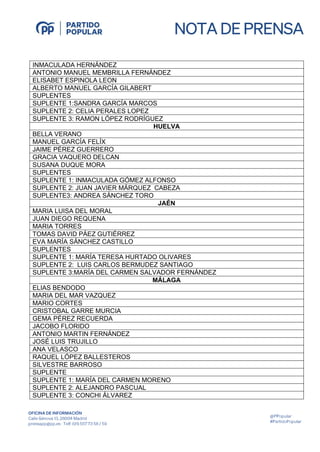 INMACULADA HERNÁNDEZ
ANTONIO MANUEL MEMBRILLA FERNÁNDEZ
ELISABET ESPINOLA LEON
ALBERTO MANUEL GARCÍA GILABERT
SUPLENTES
SU...