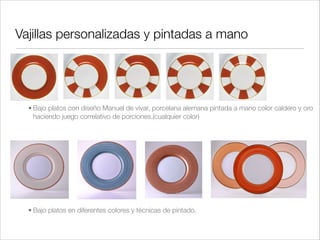 Vajillas personalizadas y pintadas a mano




  • Bajo platos con diseño Manuel de vivar, porcelana alemana pintada a mano color caldero y oro
    haciendo juego correlativo de porciones.(cualquier color)


   !

   !

   !

  • Bajo platos en diferentes colores y técnicas de pintado.
 
