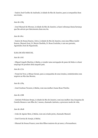 - Inácio José Coelho de Andrade, à cidade do Rio de Janeiro, para a companhia dum 
seu irmão. 
Ano de 1785 
- José Manuel de Moraes, à cidade do Rio de Janeiro, a fazer cobrança duma herança 
que lhe adveio por falecimento dum seu tio. 
Ano de 1811 
- Inácio de Sousa Soares, viúvo, à cidade do Rio de Janeiro, com seus filhos André 
Soares, Manuel José, D. Maria Cândida, D. Rosa Coutinha, e um seu parente, 
Agostinho José de Figueiredo. 
ILHA DE SÃO MIGUEL 
Ano de 1767 
- Miguel Angelo Martins, à Bahia, a vender uma carregação de pano de linho e a fazer 
emprego do produto dela naquele país. 
Ano de 1770 
- Tomé de Teve, a Minas Gerais, para a companhia de seus irmãos, estabelecidos com 
negócio no Rio das Mortes. 
Ano de 1784 
- José Cardoso Tavares, à Bahia, com sua mulher Joana Rosa Viterbo. 
Ano de 1788 
- António Feliciano Serpa, à cidade do Rio de Janeiro, com sua mulher Ana Joaquina de 
Castelo Branco e um filho de 7 meses, chamado António, a procurar modo de vida. 
Ano de 1808 
- João de Aguiar Boto, à Bahia, com um criado preto, chamado Manuel. 
- José Correia de Araujo, à Bahia. 
- Manuel de Sousa Franco, com dois filhos maiores de 40 anos, a Pernambuco. 
 