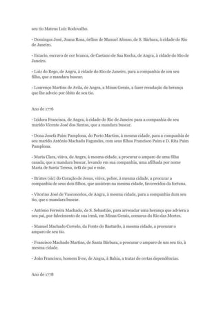 seu tio Mateus Luiz Rodovalho. 
- Domingos José, Joana Rosa, órfãos de Manuel Afonso, de S. Bárbara, à cidade do Rio 
de Janeiro. 
- Estacio, escravo de cor branca, de Caetano de Saa Rocha, de Angra, à cidade do Rio de 
Janeiro. 
- Luiz do Rego, de Angra, à cidade do Rio de Janeiro, para a companhia de um seu 
filho, que o mandara buscar. 
- Lourenço Martins de Avila, de Angra, a Minas Gerais, a fazer recadação da herança 
que lhe adveio por óbito de seu tio. 
Ano de 1776 
- Izidora Francisca, de Angra, à cidade do Rio de Janeiro para a companhia de seu 
marido Vicente José dos Santos, que a mandara buscar. 
- Dona Josefa Paim Pamplona, do Porto Martins, à mesma cidade, para a companhia de 
seu marido António Machado Fagundes, com seus filhos Francisco Paim e D. Rita Paim 
Pamplona. 
- Maria Clara, viúva, de Angra, à mesma cidade, a procurar o amparo de uma filha 
casada, que a mandara buscar, levando em sua companhia, uma afilhada por nome 
Maria de Santa Teresa, órfã de pai e mãe. 
- Bristes (sic) do Coração de Jesus, viúva, pobre, à mesma cidade, a procurar a 
companhia de seus dois filhos, que assistem na mesma cidade, favorecidos da fortuna. 
- Vitorino José de Vasconcelos, de Angra, à mesma cidade, para a companhia dum seu 
tio, que o mandara buscar. 
- António Ferreira Machado, de S. Sebastião, para arrecadar uma herança que adviera a 
seu pai, por falecimento de sua irmã, em Minas Gerais, comarca do Rio das Mortes. 
- Manuel Machado Corvelo, da Fonte do Bastardo, à mesma cidade, a procurar o 
amparo de seu tio. 
- Francisco Machado Martins, de Santa Bárbara, a procurar o amparo de um seu tio, à 
mesma cidade. 
- João Francisco, homem livre, de Angra, à Bahia, a tratar de certas dependências. 
Ano de 1778 
 