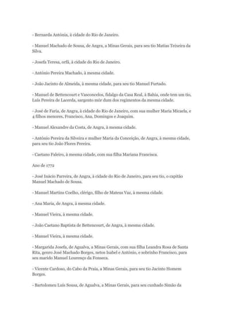 - Bernarda Antónia, à cidade do Rio de Janeiro. 
- Manuel Machado de Sousa, de Angra, a Minas Gerais, para seu tio Matias Teixeira da 
Silva. 
- Josefa Teresa, orfã, à cidade do Rio de Janeiro. 
- António Pereira Machado, à mesma cidade. 
- João Jacinto de Almeida, à mesma cidade, para seu tio Manuel Furtado. 
- Manuel de Bettencourt e Vasconcelos, fidalgo da Casa Real, à Bahia, onde tem um tio, 
Luís Pereira de Lacerda, sargento mór dum dos regimentos da mesma cidade. 
- José de Faria, de Angra, à cidade do Rio de Janeiro, com sua mulher Maria Micaela, e 
4 filhos menores, Francisco, Ana, Domingos e Joaquim. 
- Manuel Alexandre da Costa, de Angra, à mesma cidade. 
- António Pereira da Silveira e mulher Maria da Conceição, de Angra, à mesma cidade, 
para seu tio João Flores Pereira. 
- Caetano Faleiro, à mesma cidade, com sua filha Mariana Francisca. 
Ano de 1772 
- José Inácio Parreira, de Angra, à cidade do Rio de Janeiro, para seu tio, o capitão 
Manuel Machado de Sousa. 
- Manuel Martins Coelho, clérigo, filho de Mateus Vaz, à mesma cidade. 
- Ana Maria, de Angra, à mesma cidade. 
- Manuel Vieira, à mesma cidade. 
- João Caetano Baptista de Bettencourt, de Angra, à mesma cidade. 
- Manuel Vieira, à mesma cidade. 
- Margarida Josefa, de Agualva, a Minas Gerais, com sua filha Leandra Rosa de Santa 
Rita, genro José Machado Borges, netos Isabel e António, e sobrinho Francisco, para 
seu marido Manuel Lourenço da Fonseca. 
- Vicente Cardoso, do Cabo da Praia, a Minas Gerais, para seu tio Jacinto Homem 
Borges. 
- Bartolomeu Luís Sousa, de Agualva, a Minas Gerais, para seu cunhado Simão da 
 