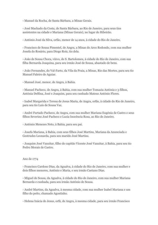 - Manuel da Rocha, de Santa Bárbara, a Minas Gerais. 
- José Machado da Costa, de Santa Bárbara, ao Rio de Janeiro, para seus tios 
assistentes na cidade e Mariana (Minas Gerais), no lugar do Ribeirão. 
- António José da Silva, orfão, menor de 14 anos, à cidade do Rio de Janeiro. 
- Francisco de Sousa Pimentel, de Angra, a Minas do Arco Redondo, com sua mulher 
Josefa do Rosário, para Diogo Roiz, tio dela. 
- João de Sousa Chora, viúvo, de S. Bartolomeu, à cidade do Rio de Janeiro, com sua 
filha Bernarda Joaquina, para seu irmão José de Sousa, abastado de bens. 
- João Fernandes, do Val-Farto, da Vila da Praia, a Minas, Rio das Mortes, para seu tio 
Manuel Faleiro de Aguiar. 
- Manuel José, menor, de Angra, à Bahia. 
- Manuel Pacheco, de Angra, à Bahia, com sua mulher Tomazia Antónia e 3 filhos, 
Antónia Delfina, José e Joaquim, para seu cunhado Mateus António Flores. 
- Isabel Margarida e Teresa de Jesus Maria, de Angra, orfãs, à cidade do Rio de Janeiro, 
para seu tio Luís de Sousa Vaz. 
- André Furtado Pacheco, de Angra, com sua mulher Mariana Eugénia de Castro e seus 
filhos Severino José Pacheco e Luzia Inocência Rosa, ao Rio de Janeiro. 
- António Menezes Neto, à Bahia, para seu pai. 
- Josefa Mariana, à Bahia, com seus filhos José Martins, Mariana da Anunciada e 
Gestrudes Leonarda, para seu marido José Martins. 
- Joaquim José Vanzitar, filho do capitão Vicente José Vanzitar, à Bahia, para seu tio 
Pedro Morais de Castro. 
Ano de 1774 
- Francisco Cardoso Dias, da Agualva, à cidade do Rio de Janeiro, com sua mulher e 
dois filhos menores, António e Maria, e seu irmão Caetano Dias. 
- Miguel de Sousa, da Agualva, à cidade do Rio de Janeiro, com sua mulher Mariana 
Bernarda e cunhada, para seu irmão António de Sousa. 
- André Martins, da Agualva, à mesma cidade, com sua mulher Isabel Mariana e um 
filho do peito, chamado Agostinho. 
- Helena Inácia de Jesus, orfã, de Angra, à mesma cidade, para seu irmão Francisco 
 