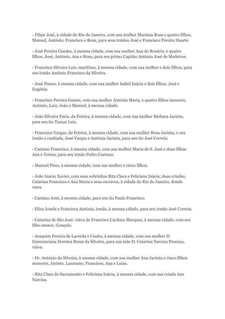 - Filipe José, à cidade do Rio de Janeiro, com sua mulher Mariana Rosa e quatro filhos, 
Manuel, António, Francisco e Rosa, para seus irmãos José e Francisco Pereira Duarte. 
- José Pereira Guedes, à mesma cidade, com sua mulher Ana do Rosário, e quatro 
filhos, José, António, Ana e Rosa, para seu primo Capitão António José de Medeiros. 
- Francisco Silveira Luís, marítimo, à mesma cidade, com sua mulher e dois filhos, para 
seu irmão António Francisco da Silveira. 
- José Nunes, à mesma cidade, com sua mulher Isabel Inácia e dois filhos, José e 
Eugénia. 
- Francisco Pereira Gomes, com sua mulher Antónia Maria, e quatro filhos menores, 
António, Luiz, João e Manuel, à mesma cidade. 
- João Silveira Faria, da Feteira, à mesma cidade, com sua mulher Bárbara Jacinta, 
para seu tio Tomaz Luiz. 
- Francisco Vargas, da Feteira, à mesma cidade, com sua mulher Rosa Jacinta, e seu 
irmão e cunhada, José Vargas e Antónia Jacinta, para seu tio José Correia. 
- Caetano Francisco, à mesma cidade, com sua mulher Maria de S. José e duas filhas 
Ana e Teresa, para seu irmão Pedro Caetano. 
- Manuel Pires, à mesma cidade, com sua mulher e cinco filhos. 
- João Inácio Xavier, com suas sobrinhas Rita Clara e Feliciana Inácia; duas criadas, 
Catarina Francisca e Ana Maria e seus escravos, à cidade do Rio de Janeiro, donde 
viera. 
- Caetano José, à mesma cidade, para seu tio Paulo Francisco. 
- Eliza Josefa e Francisca Antónia, irmãs, à mesma cidade, para seu irmão José Correia. 
- Catarina de São José, viúva de Francisco Cardoso Marques, à mesma cidade, com seu 
filho menor, Gonçalo. 
- Joaquim Pereira de Lacerda e Cunha, à mesma cidade, com sua mulher D. 
Emerenciana Dorotea Brum da Silveira, para sua mãe D. Catarina Narciza Proença, 
viúva. 
- Dr. António da Silveira, à mesma cidade, com sua mulher Ana Jacinta e cinco filhos 
menores, Jacinto, Laureano, Francisco, Ana e Luísa. 
- Rita Clara do Sacramento e Feliciana Inácia, à mesma cidade, com sua criada Ana 
Narcisa. 
 