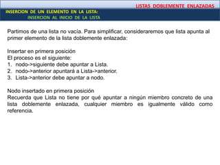 LISTAS DOBLEMENTE ENLAZADAS
INSERCION DE UN ELEMENTO EN LA LISTA:
INSERCION AL INICIO DE LA LISTA
Partimos de una lista no vacía. Para simplificar, consideraremos que lista apunta al
primer elemento de la lista doblemente enlazada:
Insertar en primera posición
El proceso es el siguiente:
1. nodo->siguiente debe apuntar a Lista.
2. nodo->anterior apuntará a Lista->anterior.
3. Lista->anterior debe apuntar a nodo.
Nodo insertado en primera posición
Recuerda que Lista no tiene por qué apuntar a ningún miembro concreto de una
lista doblemente enlazada, cualquier miembro es igualmente válido como
referencia.
 