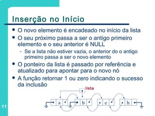 11
Inserção no Início
b e h
lista
a
 O novo elemento é encadeado no início da lista
 O seu próximo passa a ser o antigo primeiro
elemento e o seu anterior é NULL
– Se a lista não estiver vazia, o anterior do o antigo
primeiro passa a ser o novo elemento
 O ponteiro da lista é passado por referência e
atualizado para apontar para o novo nó
 A função retornar 1 ou zero indicando o sucesso
da inclusão
 