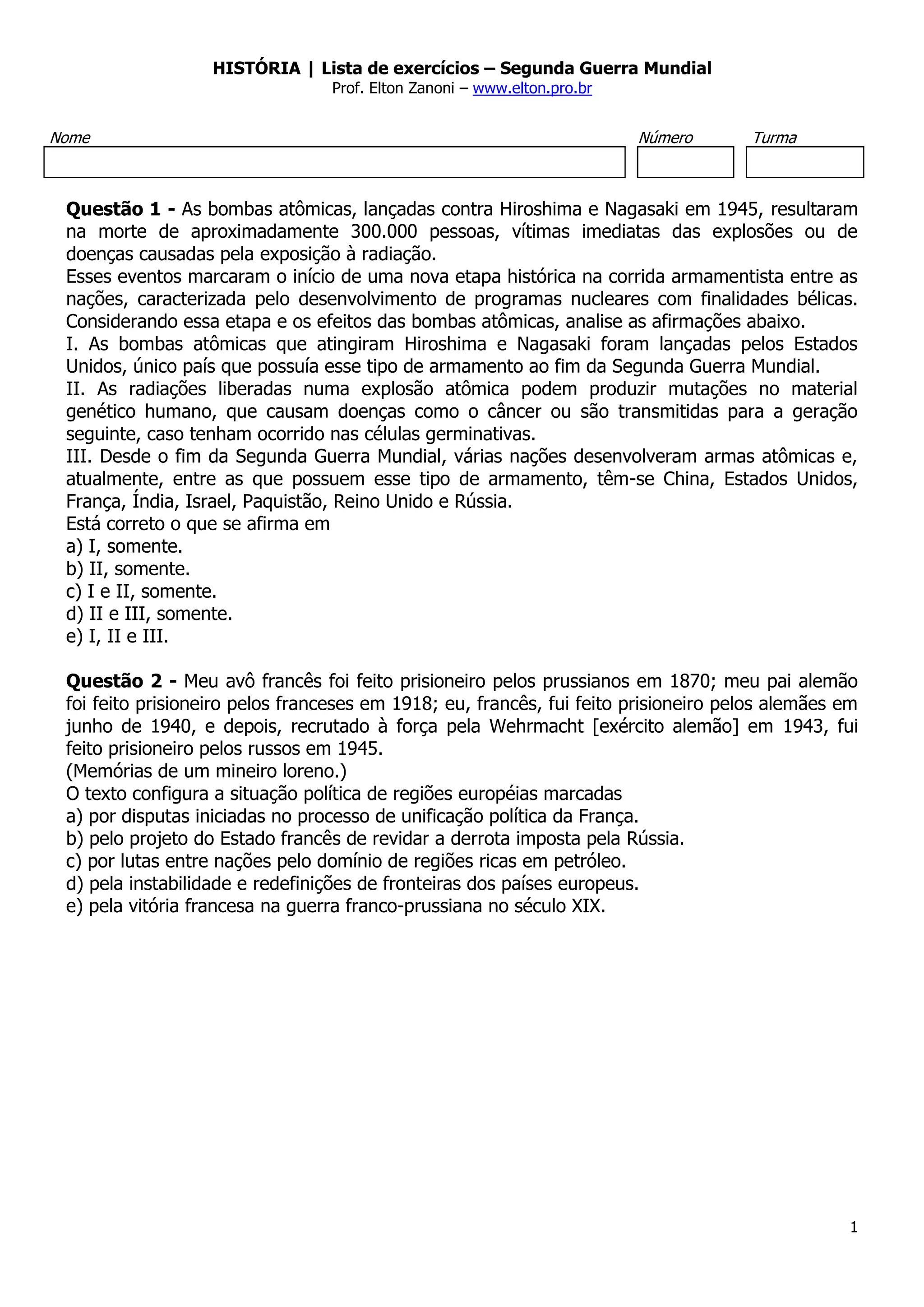 Exercicios Segunda Guerra Mundial - FDPLEARN