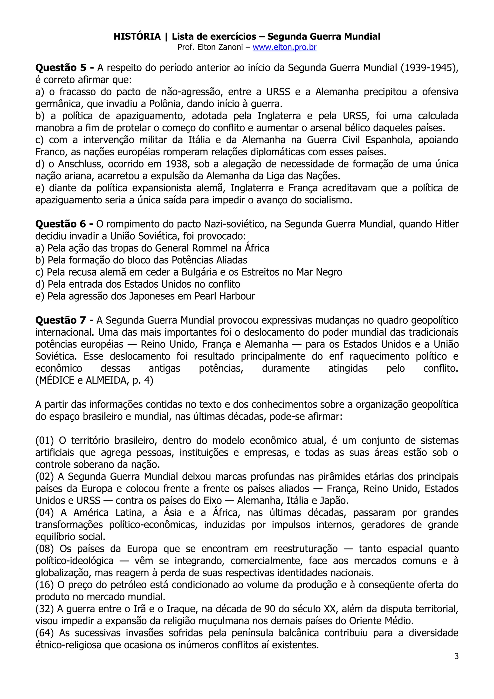 Lista de exercícios – Segunda Guerra Mundial | PDF