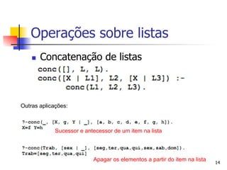 Operações sobre listas
    n    Concatenação de listas



Outras aplicações:



             Sucessor e antecessor de um item na lista




                           Apagar os elementos a partir do item na lista   14
 