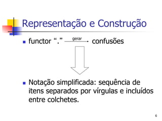 Representação e Construção
                    gerar
n    functor .             confusões




n    Notação simplificada: sequência de
      itens separados por vírgulas e incluídos
      entre colchetes.

                                                 6
 