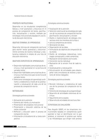 Facultad de Ciencias de la Educación 
propósito instruccional 
Desarrollar en los estudiantes competencias 
básicas a nivel gramatical y discursivo en el 
proceso de composición de textos: planifica-ción, 
textualización y revisión, mediado por 
estrategias instruccionales basadas en una lis-ta 
de discusión electrónica. 
objetivo terminal de aprendizaje 
Desarrollar técnicas de composición escritural 
para escribir textos gramatical y discursiva-mente 
correctos de manera individual y cola-borativa 
mediante el empleo de una lista de 
discusión electrónica. 
objetivos específicos de aprendizajes 
• Desarrollar habilidades comunicativas de es-critura 
a nivel gramatical en la escritura de 
variados textos 
• Desarrollar habilidades comunicativas de es-critura 
a nivel discursivo para la escritura de 
variados textos 
• Seleccionar estrategias de aprendizaje autó-nomo 
y colaborativo a través de la autoeva-luación 
y coevaluación de cada uno de los 
procesos de composición escrita 
metodología 
Estrategias preinstruccionales 
• Activación de la atención 
• Fomento del interés y la motivación 
• Presentación del propósito instruccional 
• Presentación y discusión colectiva de las 
metas a alcanzar 
• Reflexión y discusión sobre el proceso de 
composición escrita 
• Información al estudiante de su tarea com-positiva 
84 Acción Educativa 
Estrategias coinstruccionales 
• Focalización de la atención 
• Selección colectiva de las estrategias de cada 
uno de los procesos de composición escrita: 
planificación, textualización y revisión 
• Diseño e implementación de diálogos inte-ractivos 
entre los miembros de la lista-e 
• Lectura comprensiva de textos 
• Generación de ideas 
• Organización de las ideas 
• Formulación de objetivos de composición de 
los textos 
• Diseño de estrategias elaborativas, como 
mapas conceptuales y redes semánticas 
• Realización de borradores escriturales 
• Corrección escrita individual 
• Realización de la versión final de cada es-crito 
• Autoevaluación y coevaluación 
• Estructuración de actividades para desem-peñar 
roles simultáneos de lectores y escri-tores 
de textos trabajados 
Estrategias posinstruccionales 
• Revisión individual y colaborativa de cada 
uno de los procesos de composición de los 
textos 
• Fomento de estrategias de autoaprendizaje 
• Desarrollo de actividades extensivas de es-critura 
• Seguimiento de la carpeta 
• Desarrollo de actividades de escritura libre 
estrategias de evaluación 
Para Argudín (2007), en las situaciones ins-truccionales 
basadas en competencias quien 
aprende lo hace al identificarse con lo que 
produce, al reconocer el proceso que realiza 
y las metodologías que dirigen este proceso 
revistauasNo.13.indd 84 08/07/2010 01:30:03 p.m. 
 