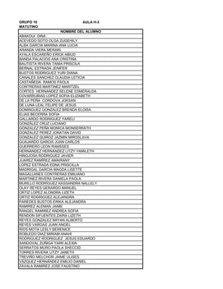 GRUPO 10 AULA H-3
MATUTINO
ABAKOUI DINA
ACEVEDO SOTO OLGA ZUGEHILY
ALBA GARCIA MARINA ANA LUCIA
ARANDA VIERA MERARI
AYALA ESCAREÑO ERICK ABIUD
BANDA PALACIOS ANA CRISTINA
BAUTISTA RIVERA TANIA PRISCILA
BERNAL ESTRADA JENIFER
BUSTOS RODRIGUEZ YURI DIANA
CANALES SANCHEZ CLAUDIA LETICIA
CASTAÑEDA RAMOS PAOLA
CONTRERAS MARTINEZ MARITZEL
CORTES HERNANDEZ SELENE ESMERALDA
COVARRUBIAS LOPEZ SOFIA ELIZABETH
DE LA PEÑA CORDOVA JOKSAN
DE LUNA LEAL FELIPE DE JESUS
DOMINGUEZ GONZALEZ BRENDA ELOISA
ELIAS BECERRA SOFIA
GALLARDO RODRIGUEZ YARELI
GONZÁLEZ CRUZ LUCIANO
GONZALEZ PEÑA MONICA MONSERRATH
GONZALEZ PEREZ JONATAN DAVID
GONZALEZ QUIROZ JAZMIN MIROSLAVA
GUAJARDO GARCIA JUAN CARLOS
GUERRERO LEON RAMSSES
HERNANDEZ HERNANDEZ LITZY YAMILETH
HINOJOSA RODRIGUEZ JAVIER
JUAREZ RAMÍREZ AMAIRANY
LOPEZ ESTRADA EDNA PRISCILLA
MADRIGAL GARCIA MAGDA LISETTE
MAGALLANES CONTRERAS EMILIANO
MARTINEZ RIVERA DANIELA PAOLA
MURILLO RODRÍGUEZ KASSANDRA NALLELY
OLAY REYES GERARDO MANUEL
ORTIZ LOPEZ ALONDRA LIZETH
ORTIZ RODRIGUEZ ALEJANDRA
PAREDES BUSTOS ERIKA ALEJANDRA
RAMIREZ ALEMAN JAIME
RANGEL RAMIREZ ANDREA SOFIA
RENDON SIFUENTES ZAIRA LIZETH
REYES GONZALEZ BRYAN ALBERTO
REYES VARGAS JUAN ANGEL
RIOS MOTA LESLY BERENICE
ROBLEDO DIAZ MIRIAM ANAHI
RODRIGUEZ RODRIGUEZ JESUS EDUARDO
SANDOVAL ZUÑIGA YAIRI ALEXIA
SERRATOS MURO PAOLA SHECCID
TORRES RIVERA LITZY JANETH
TREVIÑO MELCHOR JAIME ULISES
VÁZQUEZ HERNÁNDEZ EMILIO DANIEL
ZAVALA RAMIREZ JOSE FAUSTINO
NOMBRE DEL ALUMNO
 