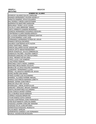 GRUPO 4 AULA C-6
MATUTINO
APARICIO VALADEZ DULCE CAROLINA
ARANDA HERNANDEZ VALERIA NOHELLY
ARRATIA RAMIREZ JESUS EDUARDO
BALTIERREZ TOBON JUAN ESTEBAN
BARRIENTOS MARTINEZ MARLENE
BERLANGA PEREZ JULIO CESAR
CALVILLO JARA ABRAHAM ISMAEL
CANTU ARMENTA SANDRA BERENICE
CIENEGA HERNANDEZ EDGARDO EZEQUIEL
CONTRERAS FLORES INGRID KRISLEV
DE LA ROSA HERNANDEZ RODRIGO SANTOS
DE LEON RAMIREZ JUAN JOSE
FERNANDEZ HERNANDEZ EFREN DE JESUS
FRANCO ORTEGA RICARDO
GALINDO CONTRERAS KATE ALEXA
GARAY MARTINEZ ISMAEL
GARCÍA GALLARDO ALEXA JAQUELINE
GARCIA ORTIZ ABIGAI MONZERRAT
GIRON GONZALEZ DULCE ESMERALDA
GONZALEZ PALOMO VALERIA YAMILET
HERRADA SANCHEZ VICTOR ALFONSO
LOPEZ MENDEZ KEVIN URIEL
LOPEZ LUCIO LUIS HOMERO
LUGO PEREZ SAMUEL
MARTINEZ CANTÚ ANGEL GABRIEL
MARTINEZ MEZA MARIA CELESTE
MUÑOZ DE LA CRUZ PAULINA CASANDRA
OLIBARRIA HERNANDEZ LLUVIA
PÉREZ VILLANUEVA ANDRÉS DE JESÚS
PEREZ MUÑIZ ANA MARIA
PONCE ALANIZ LUIS ALEJANDRO
RAMIREZ ALVAREZ KARIME ABIGAIL
RAMOS CASTAÑEDA MARIANA LIZBETH
RANGEL SERNA JUAN PABLO
RINCON CRUZ AMY CECILIA
RODRIGUEZ LIMON JAVIER ELIUD
SANCHEZ SANCHEZ MIGUEL ENRIQUE
SANTILLAN MARTINEZ ALEJANDRO
SOSA GARCIA WENDY KARINA
TELLO MUÑOZ DAVID ENRIQUE
TORRES VAZQUEZ BRIZEYDA
TOVAR RAMOS SOFIA SARAHI
VALDEZ CONTRERAS JOAN FRANCISCO
VARA BUSTAMANTE CARLOS DANIEL
VAZQUEZ LAZARIN JOSELINE ARIADNA
VAZQUEZ SILVA JUAN ANTONIO
VERASTEGUI ESQUIVEL RODOLFO
VILLALOBOS MARLEN
VIRAMONTES GARDEA LUIS FERNANDO
ZAVALA OCHOA EVELIN AILEEN
NOMBRE DEL ALUMNO
 