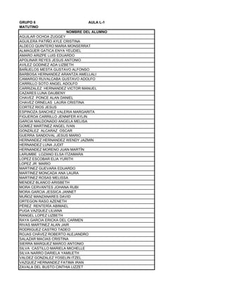 GRUPO 6 AULA L-1
MATUTINO
AGUILAR OCHOA ZUGGEY
AGUILERA PATIÑO AYLE CRISTINA
ALDECO QUINTERO MARIA MONSERRAT
ALMAGUER GATICA ENYA YEUDIEL
AMARO ARIZPE LUIS EDUARDO
APOLINAR REYES JESUS ANTONIO
AVILEZ GODINEZ ADA LIZBETH
BAÑUELOS MESTA GUSTAVO ALFONSO
BARBOSA HERNANDEZ ARANTZA AMELLALI
CAMARGO RUVALCABA GUSTAVO ADOLFO
CARRILLO SOTO ANGEL ADOLFO
CARRIZALEZ HERNANDEZ VICTOR MANUEL
CAZARES LUNA DAUBENY
CHAVEZ PONCE ALAN DANIEL
CHAVEZ ORNELAS LAURA CRISTINA
CORTEZ RIOS JESUS
ESPINOZA SANCHEZ VALERIA MARGARITA
FIGUEROA CARRILLO JENNIFER AYLIN
GARCIA MALDONADO ANGELA MELISA
GOMEZ MARTINEZ ANGEL IVAN
GONZÁLEZ ALCARAZ OSCAR
GUERRA SANDOVAL JESUS MARIO
HERNANDEZ HERNANDEZ WENDY JAZMIN
HERNANDEZ LUNA JUDIT
HERNANDEZ MORENO JUAN MARTÍN
LARUMBE LOZANO ELSA ITZAMARA
LOPEZ ESCOBAR ELIA YURITH
LOPEZ JR MARIO
MARTINEZ GUEVARA EDUARDO
MARTINEZ MONCADA ANA LAURA
MARTINEZ ROSAS MELISSA
MENDEZ BLANCO ARISBETH
MORA CERVANTES JOHANA RUBI
MORA GARCIA JESSICA JANNET
MUÑOZ MANZANARES DAVID
ORTEGON RASO AZENETH
PÉREZ RENTERÍA ABIMAEL
PUGA VAZQUEZ LILIANA
RANGEL LOPEZ LIZBETH
RAYA GARCIA ERICKA DEL CARMEN
RIVAS MARTINEZ ALAN JAIR
RODRIGUEZ CASTRO TADEO
ROJAS CHÁVEZ ROBERTO ALEJANDRO
SALAZAR MACIAS CRISTINA
SIERRA MARQUEZ MARCO ANTONIO
SILVA CASTILLO MARIELA MICHELLE
SILVA NARRO DARIELA YAMILETH
VALDEZ GONZALEZ YOSELIN ITZEL
VAZQUEZ HERNANDEZ FATIMA IRAN
ZAVALA DEL BUSTO CINTHIA LIZZET
NOMBRE DEL ALUMNO
 