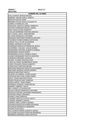 GRUPO 7 AULA C-7
MATUTINO
AVILA GARCÍA SERGIO MIGUEL
BARRON VIELMA KARLA JANETH
BENITEZ RUELAS SARA
BRIONES PALOS LESLIE JACQUELYN
CARRILLO MORALES LISA
CARVAJAL CASTILLO ANGEL ROBERTO
CASTRO CARDENAS MIGUEL ANGEL
CRUZ CRUZ ALEXIS GILBERTO
CUELLAR SERRANO CRISTINA ARACELI
DE LA ROSA SOLIS ANACRISTINA
DE LEON GONZALEZ LUIS RENE
ENRIQUEZ MARTINEZ FEDERICO ARTURO
FACUNDO FLORES DANIELA ESTEFANI
GARCIA TELLO FLOR ALEXANDRA
GOMEZ VAZQUEZ ELIAS NOE
GUERRERO ARZATE ESTEBAN DE JESUS
GUTIERREZ AVELINO LESLIE KARINA
HERNANDEZ ANTONIO ALBERTO DAMIAN
HERNANDEZ CERDA PEDRO
HERNANDEZ ZAVALA DANIELA AIZELL
JUAREZ HERNANDEZ CINTHYA BEATRIZ
LANDEROS BRIONES JACKELIN
LICONA FLORES CRISTIAN IVAN
LOPEZ ALCARAZ HILDIBRANDO JESÚS
LOPEZ POLANCO CESAR ALBERTO
LORES RUIZ YARITHZA MICHEL
MARTINEZ MENDOZA MARCOS ALEJANDRO
MARTINEZ MORENO EDWIN ANDRES
MONZON MARTINEZ NICOLE
OLVERA VILLARREAL LAURA ALEXIA
ORTEGON NAVA SAN JUANA ISABEL
ORTIZ GOVEA MELISSA PAOLA
PEREZ PERALES AXEL ENRIQUE
PRADO GIRON TANIA ISABEL
PRUNEDA VAZQUEZ JOANA BELEN
RAMIREZ JIMÉNEZ ALEXA
REA JUAREZ LIZ GUADALUPE
ROJAS CHÁVEZ FRANCISCO ANTONIO
ROSALES FREYRE GIOVANNA MONSERRAT
SANCHEZ PEREZ GERARDO
SUAREZ CANO ENRIQUE
TIJERINA CAPETILLO KATIA LIZETH
TIJERINA JIMENEZ LARISSA
TORRES VIERA JUANITA ANDREA
USCANGA BAZALDUA RUBEN EDUARDO
USCANGA RODRIGUEZ ANAMARIA
VALDES PUGA RAUL
VILLA GARCIA MARIO ALBERTO GADIEL
VILLAFAÑA SAUCEDO CRISTIAN BRANDON
ZERMEÑO ESPINOSA CARLA NATALIA
NOMBRE DEL ALUMNO
 