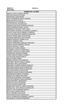 GRUPO 9 AULA I-2
MATUTINO
ABURTO TREJO JESSICA ABIGAIL
ACEVEDO SALAS VICTORIA
ANDERSON LOPEZ NAOMI
AYALA HERNÁNDEZ NELSY MARISOL
BAEZ ACEVEDO JULIETA
BARRAGAN LEYVA DANIELA
CALIXTO RAYAS JACQUELLINE
CAMARGO DELGADO JENNIFER DENISSE
CANTU MARQUEZ ANGEL ALEXIS
CARRIZALEZ SALINAS ITZEL ITAHII
CERVANTES VAZQUEZ ALEJANDRA ELIZABETH
CHAVEZ TENEYUQUE GABRIELA VANESSA
DE LA CRUZ BALLEZA LORENA GUADALUPE
DUARTE VERDE GRECIA ESTEFANÍA
FACUNDO MARTINEZ LINO ANTONIO
GAMEZ GONZALEZ JAZMIN AYLIN
GARCÍA CABRERA ITZEL
GARCIA HERNANDEZ ANGELES CAROLINA
GARCIA VALDEZ ANNERIS MICHELL
GARZA ESQUIVEL LILIANA
GONZALEZ FLORES ADRIAN
GUAJARDO CASTILLO FRANCISCO
GUERRA CASTILLO FATIMA JOANA
HERNANDEZ HERRERA RAMIRO
LOMELI MACIAS DANIELA LIZBETH
LUCAS SOSA BLANCA ARELIZ
MALAGA SEBA KARINA
MARIN VAZQUEZ MITZI DAMARIS
MARTINEZ REYNA JESSICA JAZMÍN
MARTINEZ CRUZ JUAN MANUEL
MARTINEZ CULEBRO ARANXA JENNIFER
MARTINEZ GARCIA REYNA MARGARITA
MARTINEZ MUÑOZ MARIA GUADALUPE
MEJIA RUIZ NOELIA GUADALUPE
MENDOZA ROJAS NOHELIA FERNANDA
MONDRAGON ROBLES ITZAMARA
NUÑEZ LEIJA MARIO ABELARDO
ORTEGON GUERRERO JUAN DANIEL
PASTOR GONZALEZ PERLA BERENICE
PEÑA MARTINEZ MONSERRAT
PORTILLO AVILA STEPHANIE
REYES PUENTE EDGAR IVAN
RODRIGUEZ PANTOJA ANGEL EDUARDO
RUBALCAVA SOTO ANGELA GUADALUPE
SANTOS TREJO BRENDA DANIELA
SILVA LEIJA JESSICA ROCIO
SILVA TREVIÑO ALAN DAVID
TOGA REYES DULCE GUADALUPE
VACIO RODRIGUEZ FERNANDO JOSAFAT
VILLANUEVA PALOMO MONSERRAT
NOMBRE DEL ALUMNO
 