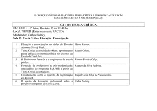 III COLÓQUIO NACIONAL MARXISMO, TEORIA CRÍTICA E FILOSOFIA DA EDUCAÇÃO
EDUCAÇÃO E CRÍTICA À PÓS-MODERNIDADE

GT (10) TEORIA CRÍTICA
22/11/2013 – 6ª feira; Horário: 13 às 15:40 hs
Local: NUPER (Estacionamento FACED)
Moderador: Carlos Sidney
Sala 02: Teoria Crítica, Educação e Emancipação.
1
2

3
4

5
6

Educação e emancipação nas visões de Theodor
Adorno e Slavoj Zizek.
Teoria Crítica da sociedade e Marx: apontamento
para a crítica à economia política nos escritos da
Escola de Frankfurt.
O Iluminismo Francês e o surgimento da escola
pública.
Formação de professores na pós-modernidade:
uma análise do programa PARFOR a partir da
Teoria Crítica da educação.
Considerações sobre o conceito de legitimação
em Lyotard.
O sujeito da formação profissional sobre a
perspectiva negativa de Slavoj Zizek.

Hanna Ramos.
Renato Crioni.

Robson Pereira Calça.
Ricardo da Silva Pedrosa.

Raquel Célia Silva de Vasconcelos.
Carlos Sidney.

 