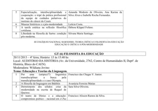 5

6
7
8

Especialização, interdisciplinaridade e
cooperação: o tripé da prática profissional
da equipe de cuidados paliativos do
instituto do câncer do Ceará.
Museus históricos e a pós-modernidade
A tarefa estética na reflexão filosófica
cotidiana.
Liberdade na filosofia de Sartre: condição
pós-moderna.

Amanda Modesto de Oliveira, Ana Karina da
Silva Alves e Isabelle Rocha Fernandes.

Letícia Costa.
Débora Klippel Fofano.
Silvana Maria Santiago.

III COLÓQUIO NACIONAL MARXISMO, TEORIA CRÍTICA E FILOSOFIA DA EDUCAÇÃO
EDUCAÇÃO E CRÍTICA À PÓS-MODERNIDADE

GT (6) FILOSOFIA DA EDUCAÇÃO
20/11/2013 – 4ª feira; Horário: 13 às 15:40 hs
Local: AUDITÓRIO DA HISTÓRIA (Av. da Universidade, 2762, Centro de Humanidades II, Deptº. de
História, Bloco do CAEN).
Moderadora: Wildiana Jovino
Tema: Educação e Teorias da Linguagem.
1

2
3

4

Por
uma
(utópica?!)
linguística
transdisciplinar:
a
busca
pela
transdiciplinaridade e o caso Olympia.
A filosofia da linguagem em Bakhtin
Derretimento dos sólidos: crise da
modernidade na escrita de Raquel de
Queiroz.
O teatro de Diniso e a educação:
compromisso poético – racional em A Paz

Francisco das Chagas V. Junior.

Avanúzia Ferreira Matias
Sara Silva Oliveira.

Francisco Alisson Ramos da Silva.

 