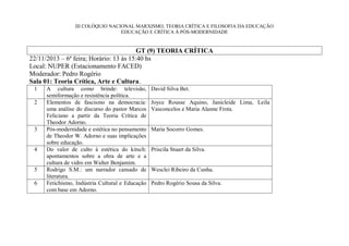 III COLÓQUIO NACIONAL MARXISMO, TEORIA CRÍTICA E FILOSOFIA DA EDUCAÇÃO
EDUCAÇÃO E CRÍTICA À PÓS-MODERNIDADE

GT (9) TEORIA CRÍTICA
22/11/2013 – 6ª feira; Horário: 13 às 15:40 hs
Local: NUPER (Estacionamento FACED)
Moderador: Pedro Rogério
Sala 01: Teoria Crítica, Arte e Cultura.
1
2

3

4

5
6

A cultura como brinde: televisão,
semiformação e resistência política.
Elementos de fascismo na democracia:
uma análise do discurso do pastor Marcos
Feliciano a partir da Teoria Crítica de
Theodor Adorno.
Pós-modernidade e estética no pensamento
de Theodor W. Adorno e suas implicações
sobre educação.
Do valor de culto à estética do kitsch:
apontamentos sobre a obra de arte e a
cultura de vidro em Walter Benjamim.
Rodrigo S.M.: um narrador cansado de
literatura.
Fetichismo, Indústria Cultural e Educação
com base em Adorno.

David Silva Bet.
Joyce Rousse Aquino, Janicleide Lima, Leila
Vasconcelos e Maria Alanne Frota.

Maria Socorro Gomes.

Priscila Stuart da Silva.

Wesclei Ribeiro da Cunha.
Pedro Rogério Sousa da Silva.

 