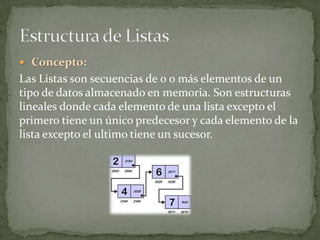  Concepto:
Las Listas son secuencias de 0 o más elementos de un
tipo de datos almacenado en memoria. Son estructuras
lineales donde cada elemento de una lista excepto el
primero tiene un único predecesor y cada elemento de la
lista excepto el ultimo tiene un sucesor.
 