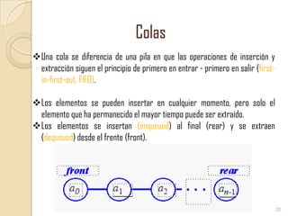Colas
Una cola se diferencia de una pila en que las operaciones de inserción y
extracción siguen el principio de primero en entrar - primero en salir (firstin-first-out, FIFO).
Los elementos se pueden insertar en cualquier momento, pero solo el
elemento que ha permanecido el mayor tiempo puede ser extraído.
Los elementos se insertan (enqueued) al final (rear) y se extraen
(dequeued) desde el frente (front).

25

 
