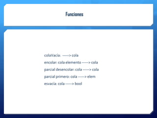 Operaciones
              Funciones




colaVacía: -----> cola
encolar: cola elemento -----> cola
parcial desencolar: cola -----> cola
parcial primero: cola -----> elem
esvacía: cola -----> bool
 
