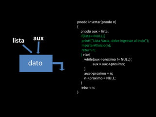 pnodo Insertar(pnodo n)
               {
                 pnodo aux = lista;
                 if(lista==NULL){
lista    aux      printf("Lista Vacia, debe ingresar al incio");
                  InsertarAlInicio(n);
                  return n;
                 } else{
                    while(aux->proximo != NULL){
        dato              aux = aux->proximo;
                    }
                    aux->proximo = n;
                    n->proximo = NULL;
                 }
                 return n;
               }
 