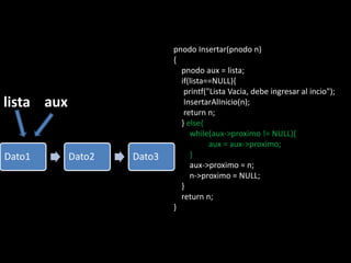 pnodo Insertar(pnodo n)
                            {
                              pnodo aux = lista;
                              if(lista==NULL){
                               printf("Lista Vacia, debe ingresar al incio");
lista aux                      InsertarAlInicio(n);
                               return n;
                              } else{
                                 while(aux->proximo != NULL){
                                       aux = aux->proximo;
Dato1       Dato2   Dato3        }
                                 aux->proximo = n;
                                 n->proximo = NULL;
                              }
                              return n;
                            }
 