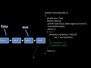 pnodo Insertar(pnodo n)
                                     {
                                       pnodo aux = lista;
                                       if(lista==NULL){
                                        printf("Lista Vacia, debe ingresar al incio");
lista           aux                     InsertarAlInicio(n);
                                        return n;
                                       } else{
                                          while(aux->proximo != NULL){
                                                aux = aux->proximo;
Dato1   Dato2    Dato3       Dato4        }
                                          aux->proximo = n;
                                          n->proximo = NULL;
                                       }
                                       return n;
                                     }
                         n
 