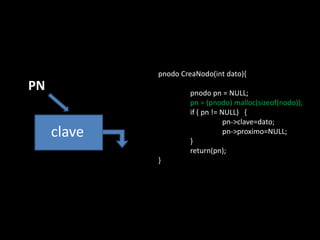 pnodo CreaNodo(int dato){
PN                    pnodo pn = NULL;
                      pn = (pnodo) malloc(sizeof(nodo));
                      if ( pn != NULL) {
                                  pn->clave=dato;
     clave            }
                                  pn->proximo=NULL;

                      return(pn);
             }
 