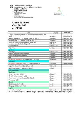 Generalitat de Catalunya
        Departament d’Educació i Universitats
        Institut La Talaia
        Segur de Calafell
        Carrer Repòs, s/n
        43882 Segur de Calafell
        977159233
        e3010372@xtec.cat
        http://blocs.xtec.cat/iesdesegurdecalafell




      Llistat de llibres
      Curs 2012-13
      4t d’ESO
                              article                               editorial    Codi isbn
 Lengua castellana y Literatura Serie Debate los caminos del
saber                                                          Santillana       9788468000152
Llengua i Literatura La Casa del Saber NOVETAT                 Santillana       9788449187514
Matemàtiques La Casa del Saber NOVETAT                         Santillana       9788479187521
English in motion 4 student’s book (grup A/B)                  Richmond         9788466809313
Smart move student’s book (grup C)                             Oxford           9780194753043
Ciències Socials                                               Editorial Text   9788441215054
Eticocivíca                                                    Santillana       9788479184032
optatives
Tecnologia                                                     Editorial Text   9788441215115
Biologia i geologia obra completa                              Santillana       9788479187545
Física i química obra completa                                 Santillana       9788479187552
Llatí                                                          Castellnou       9788498044973
OPTATIVA ALEMANY prima A1 band 2 kursbuch                      Cornelsen        9783060200672
 quaderns
OPTATIVA ALEMANY prima A1 band 2 arbeitsbuch                   Cornelsen        9783060200689
English in Motion 4 workbook(Grups A/B)                        Richmond
Good move student’s workbook (Grups C)                         Oxford
 Llibres de lectura
 Castellano
Rimas y leyendas ( A,B)                                        Alfaguara        9788420468792
“El lápiz del carpintero” ( A,B )                              Alfaguara        9788420468631
¿Quien mató a Inmaculada de Silva? (A,B)                       Alfaguara        9789420422534
“Rebeldes” ( C )                                               Alfaguara        9788420475158
 Català
“Còctel de contes” ( A,B)                                      Ed. 62           9788492672554
“ La plaça del diamant” (A,B)                                  Ed. 62           9788430751416
Anglès
Dr. Jekyll & mr. Hyde                                          Richmond         9788466812511
 Es recomanable que tothom tingui a casa diccionaris de català, castellà i anglès
 