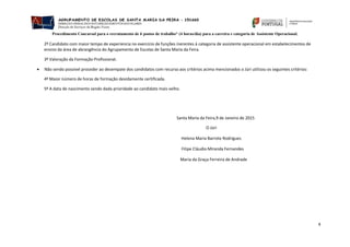 Procedimento Concursal para o recrutamento de 6 postos de trabalho* (4 horas/dia) para a carreira e categoria de Assistente Operacional.
4
2º Candidato com maior tempo de experiencia no exercício de funções inerentes à categoria de assistente operacional em estabelecimentos de
ensino da área de abrangência do Agrupamento de Escolas de Santa Maria da Feira.
3º Valoração da Formação Profissional.
 Não sendo possível proceder ao desempate dos candidatos com recurso aos critérios acima mencionados o Júri utilizou os seguintes critérios:
4º Maior número de horas de formação devidamente certificada.
5º A data de nascimento sendo dada prioridade ao candidato mais velho.
Santa Maria da Feira,9 de Janeiro de 2015
O Júri
Helena Maria Barrote Rodrigues
Filipe Cláudio Miranda Fernandes
Maria da Graça Ferreira de Andrade
 