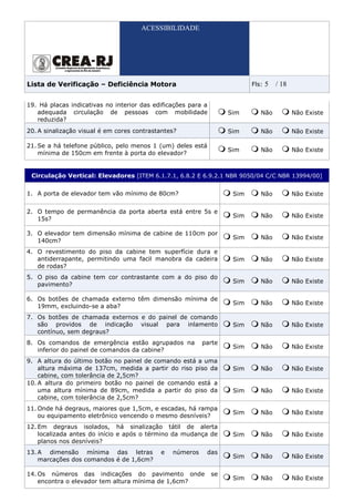 ACESSIBILIDADE




Lista de Verificação – Deficiência Motora                                  Fls:   5   / 18

19. Há placas indicativas no interior das edificações para a
   adequada circulação de pessoas com mobilidade                    Sim       Não            Não Existe
   reduzida?
20. A sinalização visual é em cores contrastantes?                  Sim       Não            Não Existe

21. Se a há telefone público, pelo menos 1 (um) deles está
                                                                    Sim       Não            Não Existe
    mínima de 150cm em frente à porta do elevador?


 Circulação Vertical: Elevadores [ITEM 6.1.7.1, 6.8.2 E 6.9.2.1 NBR 9050/04 C/C NBR 13994/00]


1. A porta de elevador tem vão mínimo de 80cm?                       Sim      Não            Não Existe

2. O tempo de permanência da porta aberta está entre 5s e
                                                                     Sim      Não            Não Existe
   15s?

3. O elevador tem dimensão mínima de cabine de 110cm por
                                                                     Sim      Não            Não Existe
   140cm?
4. O revestimento do piso da cabine tem superfície dura e
   antiderrapante, permitindo uma facil manobra da cadeira           Sim      Não            Não Existe
   de rodas?
5. O piso da cabine tem cor contrastante com a do piso do
                                                                     Sim      Não            Não Existe
   pavimento?

6. Os botões de chamada externo têm dimensão mínima de
                                                                     Sim      Não            Não Existe
   19mm, excluindo-se a aba?
7. Os botões de chamada externos e do painel de comando
   são providos de indicação visual para inlamento                   Sim      Não            Não Existe
   contínuo, sem degraus?
8. Os comandos de emergência estão agrupados na           parte
                                                                     Sim      Não            Não Existe
   inferior do painel de comandos da cabine?
9. A altura do último botão no painel de comando está a uma
    altura máxima de 137cm, medida a partir do riso piso da          Sim      Não            Não Existe
    cabine, com tolerância de 2,5cm?
10. A altura do primeiro botão no painel de comando está a
    uma altura mínima de 89cm, medida a partir do piso da            Sim      Não            Não Existe
    cabine, com tolerância de 2,5cm?
11. Onde há degraus, maiores que 1,5cm, e escadas, há rampa
                                                                     Sim      Não            Não Existe
    ou equipamento eletrônico vencendo o mesmo desníveis?
12. Em degraus isolados, há sinalização tátil de alerta
    localizada antes do início e após o término da mudança de        Sim      Não            Não Existe
    planos nos desníveis?
13. A dimensão mínima das letras            e   números    das
                                                                     Sim      Não            Não Existe
    marcações dos comandos é de 1,6cm?

14. Os números das indicações do pavimento onde                se
                                                                     Sim      Não            Não Existe
    encontra o elevador tem altura mínima de 1,6cm?
 