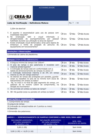 ACESSIBILIDADE




Lista de Verificação – Deficiência Motora                              Fls:   7     / 18

   3,20m de desnível

7. O assento é escamoteável para uso de pessoa com
                                                                Sim           Não          Não Existe
   mobilidade reduzida?
8. Há     sinalização    tátil   e    visual   informado   a
   obrigatoriedade    de    acompanhamento       por  pessoal   Sim           Não          Não Existe
   habilitado durante sua utilização na área de espera?
9. Existe sinalização visual demarcada a área para espera de
   embarque e limite da projeção de percurso do                 Sim           Não          Não Existe
   equipamento em funcionamento?

Anotações e Observações
I.Dimensão da cabina da plataforma.


Rampas [ITEM 6.5 DA NBR9050/04]
1. A largura mínima da rampa é de 120cm?                        Sim       Não              Não Existe
2. O piso da rampa e dos patamares é revestido com
                                                                Sim       Não              Não Existe
   material antiderrapante?
3. A inclinação da rampa está em conformidade com a
                                                                Sim       Não              Não Existe
   tabela de dimensionamento de rampas no anexo 1?
4. A inclinação transversal máxima é de 2% em rampa
                                                                Sim       Não              Não Existe
   interna ou 3% em rampa externa?
5. As laterais de rampa são protegidas por paredes, guarda-
   corpo ou ressaltos no piso de no mínimo 5cm (Guia de         Sim       Não              Não Existe
   balizamento) em ambos os lados?
6. Há, no início e no final de cada segmento de rampa, um
   patamar de no mínimo 120cm de comprimento, na                Sim       Não              Não Existe
   direção do movimento?
7. Há corrimão em ambos os lados da rampa?                      Sim       Não              Não Existe
8. 08- Há guarda-corpo ou paredes em ambos os lados?            Sim       Não              Não Existe



ANOTAÇÕES E OBSERVAÇÕES
I. Comprimento da rampa:
II.Largura da rampa:
III.Indicação da rampa(medida em 2 pontos ou mais):
IV.Desnível:
V.Dimensão dos patamares:


ANEXO 1 – DIMENSIONAMENTO DE RAMPAS CONFORME A NBR 9050/2004 ABNT
    INCLINAÇÃO ADMISSÍVEL             INCLINAÇÃO ADMISSÍVEL
                                                                          NÚM. MÁX.
      EM CADA SEGMENTO                  EM CADA SEGMENTO
                                                                      SEGMENTO DE RAMPA
        DE RAMPA I (%)                    DE RAMPA I (%)
           5,00 (1:20)                           1,5                          Sem limite

   5,00 (1:20) < i 6,25 (1:16)                    1                           Sem limite
 