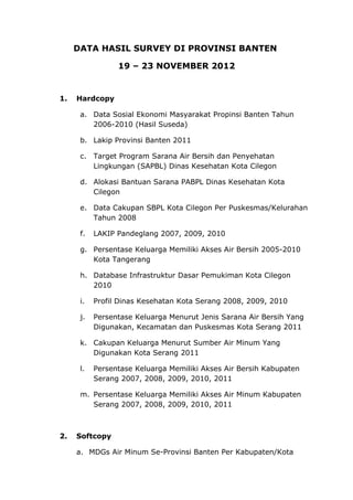 DATA HASIL SURVEY DI PROVINSI BANTEN
19 – 23 NOVEMBER 2012
1. Hardcopy
a. Data Sosial Ekonomi Masyarakat Propinsi Banten Tahun
2006-2010 (Hasil Suseda)
b. Lakip Provinsi Banten 2011
c. Target Program Sarana Air Bersih dan Penyehatan
Lingkungan (SAPBL) Dinas Kesehatan Kota Cilegon
d. Alokasi Bantuan Sarana PABPL Dinas Kesehatan Kota
Cilegon
e. Data Cakupan SBPL Kota Cilegon Per Puskesmas/Kelurahan
Tahun 2008
f. LAKIP Pandeglang 2007, 2009, 2010
g. Persentase Keluarga Memiliki Akses Air Bersih 2005-2010
Kota Tangerang
h. Database Infrastruktur Dasar Pemukiman Kota Cilegon
2010
i. Profil Dinas Kesehatan Kota Serang 2008, 2009, 2010
j. Persentase Keluarga Menurut Jenis Sarana Air Bersih Yang
Digunakan, Kecamatan dan Puskesmas Kota Serang 2011
k. Cakupan Keluarga Menurut Sumber Air Minum Yang
Digunakan Kota Serang 2011
l. Persentase Keluarga Memiliki Akses Air Bersih Kabupaten
Serang 2007, 2008, 2009, 2010, 2011
m. Persentase Keluarga Memiliki Akses Air Minum Kabupaten
Serang 2007, 2008, 2009, 2010, 2011
2. Softcopy
a. MDGs Air Minum Se-Provinsi Banten Per Kabupaten/Kota
 
