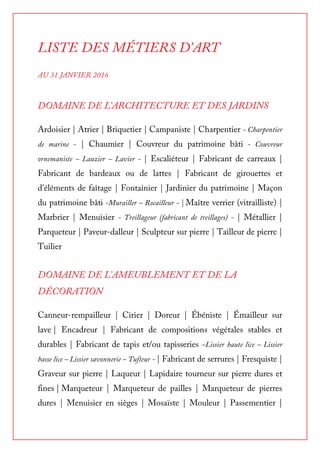 Liste des Métiers d’Art 2016