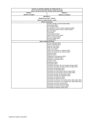 1
Diplômes du Québec ou équivalents
PARTIE I – PARTIE II –
Diplômes étrangers Diplômes du Québec 1
Animation sociale ou communautaire (BAC)
Anthropologie (BAC)
Art dramatique (BAC)
Arts graphiques (communications graphiques) (BAC)
Arts plastiques (peinture, dessin, sculpture) (BAC)
Biochimie (BAC)
Chimie (BAC)
Cinématographie (BAC)
Gestion de la production (BAC)
Sciences politiques (BAC)
Sciences sociales (BAC)
Sociologie (BAC)
Archives médicales (AEC)
Archives médicales (DEC)
Design de mode (AEC)
Design de mode (DEC)
Dessin animé (DEC)
Gestion de la production du vêtement (AEC)
Gestion de la production du vêtement (DEC)
Graphisme (AEC)
Graphisme (DEC)
Infographie en préimpression (DEC)
Infographie en prémédia (AEC)
Infographie en prémédia (DEC)
Navigation (DEC)
Photographie (AEC)
Photographie (DEC)
Techniques d'animation 3D et de synthèse d'images (AEC)
Techniques d'animation 3D et de synthèse d'images (DEC)
Techniques de bioécologie (AEC)
Techniques de bioécologie (DEC)
Techniques de communication dans les médias (AEC)
Techniques de communication dans les médias (DEC)
Techniques de design de présentation (AEC)
Techniques de design de présentation (DEC)
Techniques de l'impression (DEC)
Techniques de métiers d'art (AEC)
Techniques de production et de postproduction télévisuelles (AEC)
Techniques de production et de postproduction télévisuelles (DEC)
Techniques de sécurité incendie (AEC)
Techniques du tourisme d'aventure (AEC)
Techniques du tourisme d'aventure (DEC)
Technologie de systèmes ordinés (AEC)
Niveau collégial technique
POINTS AU CRITÈRE DOMAINE DE FORMATION DE LA
GRILLE DE SÉLECTION DES TRAVAILLEURS QUALIFIÉS
SECTION D –
Requérant principal : 2 points
Époux ou conjoint de fait : 1 point
Niveau universitaire
 