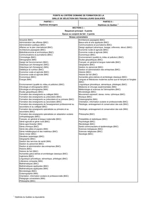 1
Diplômes du Québec ou équivalents
PARTIE I – PARTIE II –
Diplômes étrangers Diplômes du Québec 1
Actuariat (BAC) Architecture paysagiste (BAC)
Administration des affaires (BAC) Beaux-arts et arts appliqués (BAC)
Administration publique (BAC) Communications et journalisme (BAC)
Affaires sur le plan international (BAC) Design appliqué (céramique, tissage, orfèvrerie, décor) (BAC)
Architecture paysagiste (BAC) Économie rurale et agricole (BAC)
Bibliothéconomie et archivistique (BAC) Économie rurale et agricole (MAI)
Communications et journalisme (BAC) Économique (BAC)
Criminologie (BAC) Environnement (qualité du milieu et pollution) (BAC)
Démographie (MAI) Études géopolitiques (BAC)
Design de l'environnement (BAC) Français, en général et langue maternelle (BAC)
Didactique (art d'enseigner) (BAC) Géographie (BAC)
Didactique (art d'enseigner) (MAI) Gestion du personnel (BAC)
Diététique et nutrition (BAC) Gestion et administration des entreprises (BAC)
Économie rurale et agricole (BAC) Histoire (BAC)
Économie rurale et agricole (MAI) Histoire de l'art (BAC)
Économique (BAC) Humanités gréco-latines et archéologie classique (BAC)
Énergie (MAI) Langues et littératures modernes autres que le français et l'anglais
(BAC)
Environnement (qualité du milieu et pollution) (BAC) Linguistique (phonétique, sémantique, philologie) (BAC)
Ethnologie et ethnographie (BAC) Médecine et chirurgie expérimentales (MAI)
Ethnologie et ethnographie (MAI) Météorologie et sciences de l'atmosphère (BAC)
Études géopolitiques (BAC) Microbiologie (BAC)
Formation des enseignants au collégial (MAI) Mouvement expressif, danse, mime, rythmique (BAC)
Formation des enseignants au préscolaire (BAC) Musique (BAC)
Formation des enseignants au préscolaire et au primaire (BAC) Océanographie (MAI)
Formation des enseignants au secondaire (BAC) Orientation, information scolaire et professionnelle (BAC)
Formation des enseignants de l'enseignement professionnel au
secondaire et au collégial (BAC)
Pédologie, aménagement et conservation des sols (BAC)
Formation des enseignants spécialistes au primaire et au
secondaire (BAC)
Pédologie, aménagement et conservation des sols (MAI)
Formation des enseignants spécialistes en adaptation scolaire
(orthopédagogie) (BAC)
Philosophie (BAC)
Français, en général et langue maternelle (BAC) Probabilités et statistiques (BAC)
Génie agricole et génie rural (BAC) Psychologie (BAC)
Génie agro-forestier (MAI) Récréologie (BAC)
Génie chimique (BAC) Santé communautaire et épidémiologie (BAC)
Génie des pâtes et papiers (MAI) Sciences biologiques (BAC)
Génie métallurgique et des matériaux (BAC) Sciences religieuses (BAC)
Génie minier (BAC) Sexologie (BAC)
Géodésie (arpentage) (BAC)
Géographie (BAC)
Gestion des services de santé (MAI)
Gestion du personnel (BAC)
Gestion et administration des entreprises (BAC)
Histoire (BAC)
Histoire de l'art (BAC)
Humanités gréco-latines et archéologie classique (BAC)
Ingénierie (BAC)
Linguistique (phonétique, sémantique, philologie) (BAC)
Littérature comparée (MAI)
Mathématiques (BAC)
Mathématiques appliquées (BAC)
Mathématiques appliquées (MAI)
Microbiologie (BAC)
Océanographie (MAI)
Orientation, information scolaire et professionnelle (BAC)
Pédagogie universitaire (MAI)
Philosophie (BAC)
POINTS AU CRITÈRE DOMAINE DE FORMATION DE LA
GRILLE DE SÉLECTION DES TRAVAILLEURS QUALIFIÉS
SECTION C –
Requérant principal : 6 points
Époux ou conjoint de fait : 2 points
Niveau universitaire
 