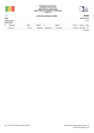 LISTE DES CANDIDATS ADMISCAP 12401
1 admis
Prénom(s) Nom ServiceN° Né(e) le à Sexe
TAMBA
TAMBACOUNDA
MEDINA COURA
Matricule Diplôme
Option:ARABE
IEF TAMBAGUEDIAWAYE18/08/1983ABDALLHI DIALLO6 MNON BAC160903010/F
1/106 admis
CAP - LISTE DES CANDIDATS ADMIS - ARABE AnadoleXp.NET Copyright EditSoft - Page 22 / 33
Imprimé le 29 septembre, 2015
 