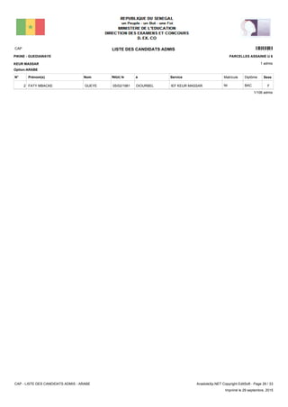LISTE DES CANDIDATS ADMISCAP 15201
1 admis
Prénom(s) Nom ServiceN° Né(e) le à Sexe
PIKINE - GUEDIAWAYE
KEUR MASSAR
PARCELLES ASSAINIE U 6
Matricule Diplôme
Option:ARABE
IEF KEUR MASSARDIOURBEL05/02/1981FATY MBACKE GUEYE2 FBACNI
1/106 admis
CAP - LISTE DES CANDIDATS ADMIS - ARABE AnadoleXp.NET Copyright EditSoft - Page 29 / 33
Imprimé le 29 septembre, 2015
 